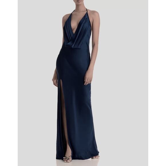 NWT RAMY BROOK Dark Navy Blue Plunging Neckline Halter Tie Valentina Gown Size 6 - Picture 1 of 11